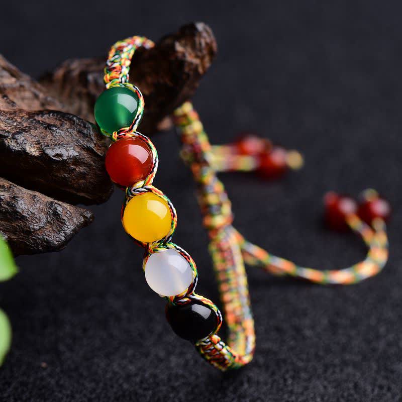 Colorful Agate Metal Wood Water Fire Earth Five Elements String Bracelet