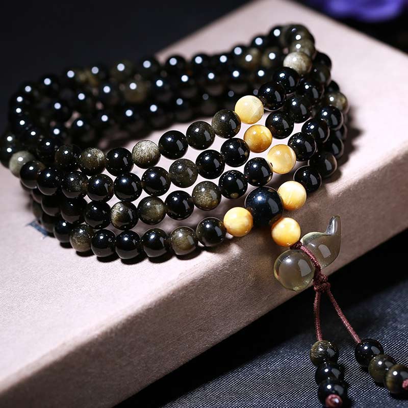 Natural Ice Obsidian Tiger Eye Gourd Bracelet Mala