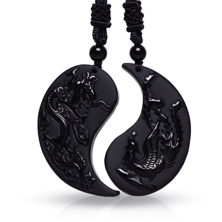 Buddha Stones Black Obsidian Yin Yang Dragon Phoenix Luck Necklace Pendant