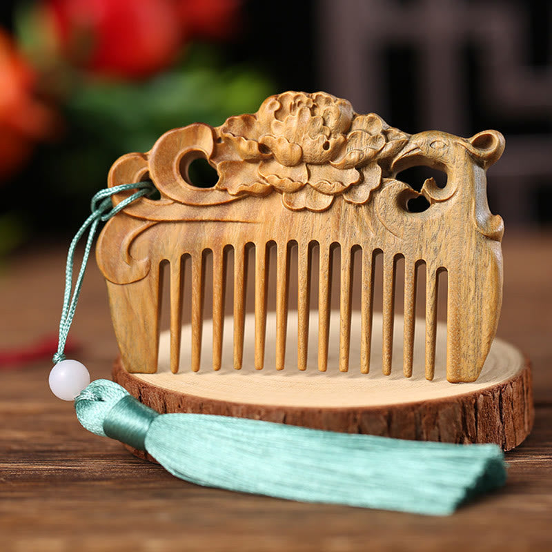 Green Sandalwood Fox Peony Flower Lotus Engraved Cure Tassel Comb