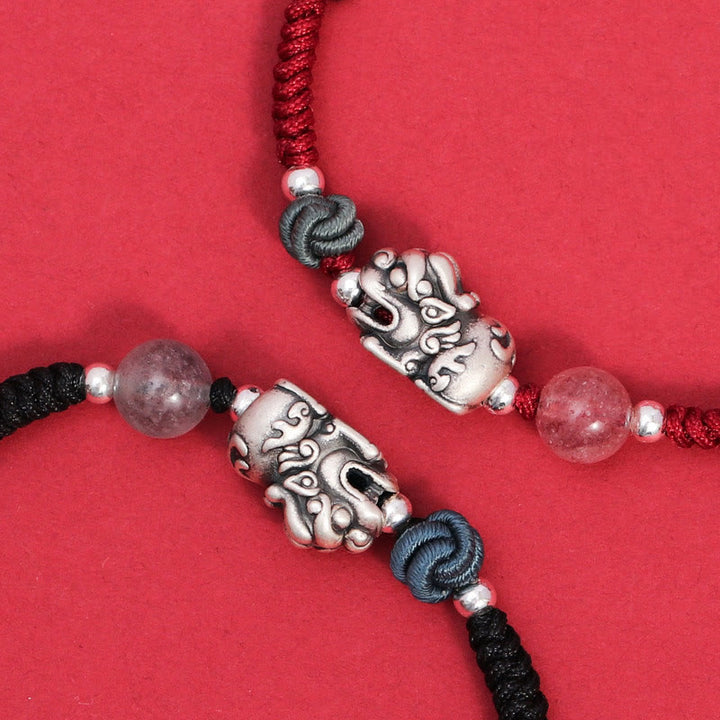 Buddha Stones 999 Sterling Silver PiXiu Strawberry Quartz Bead Wealth Luck Braided Bracelet