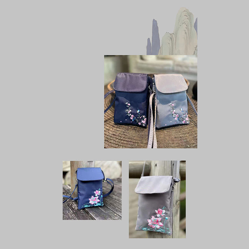 Waterproof Handmade Embroidered Lotus Flowers Crossbody Bag Shoulder Bag Cellphone Bag