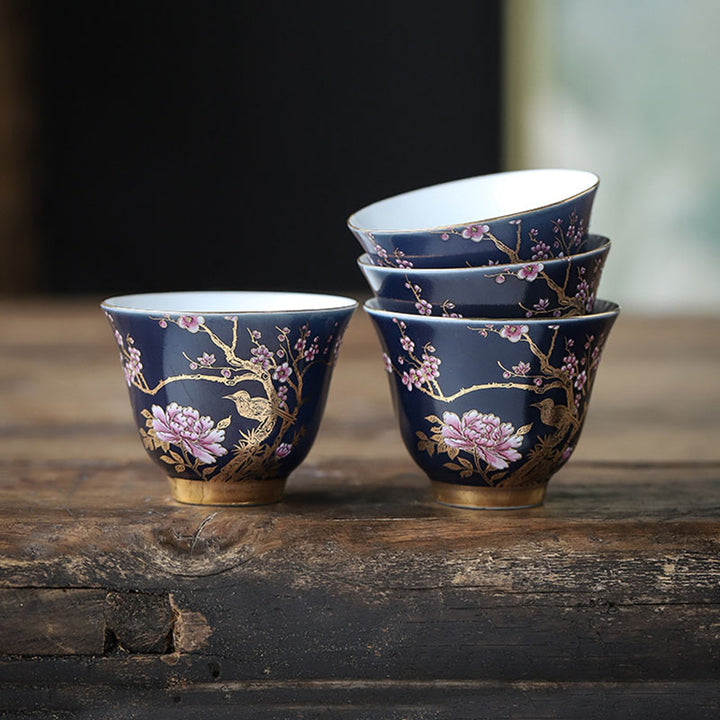 Buddha Stones Golden Magpie Peony Flower Ceramic Teacup Kung Fu Tea Cup