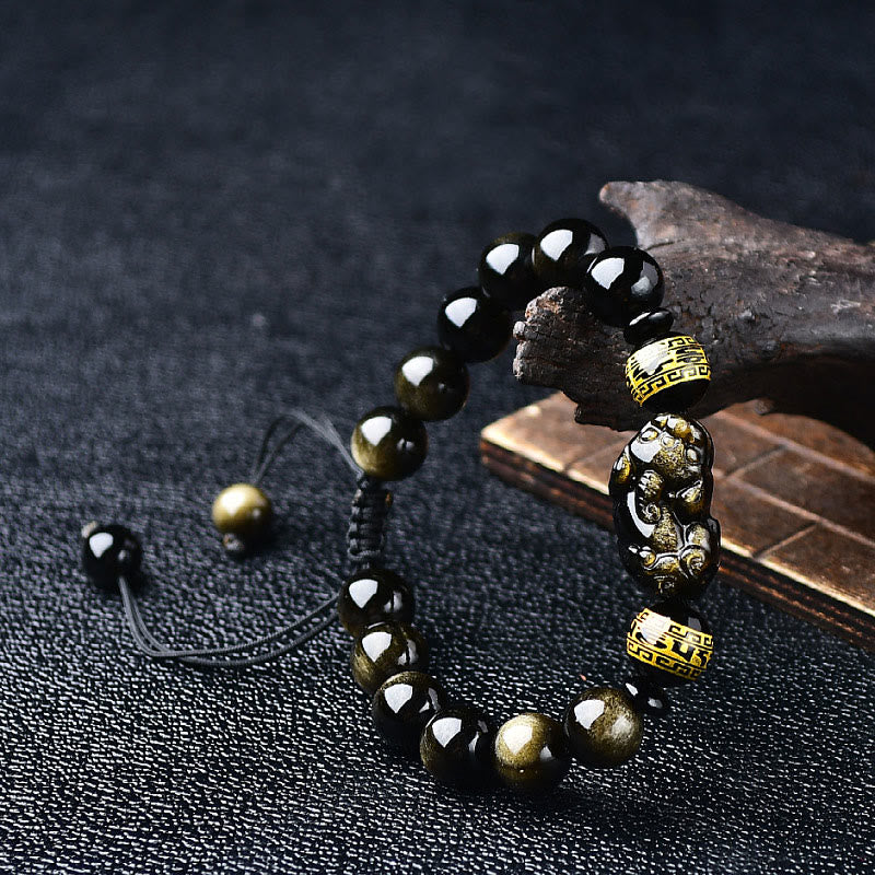 Buddha Stones Natural Gold Sheen Obsidian PiXiu Om Mani Padme Hum Wealth Braided Bracelet