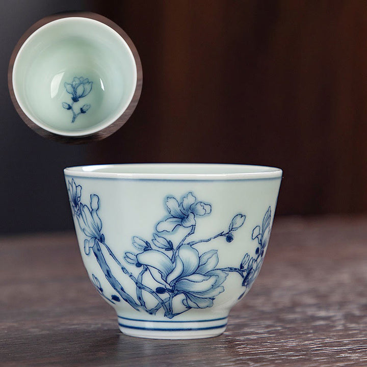 Buddha Stones Blue Landscape Mountains Lotus Cute Cat Pavilions Magnolia Reed Egrets Ceramic Teacup Small Kung Fu Tea Cup