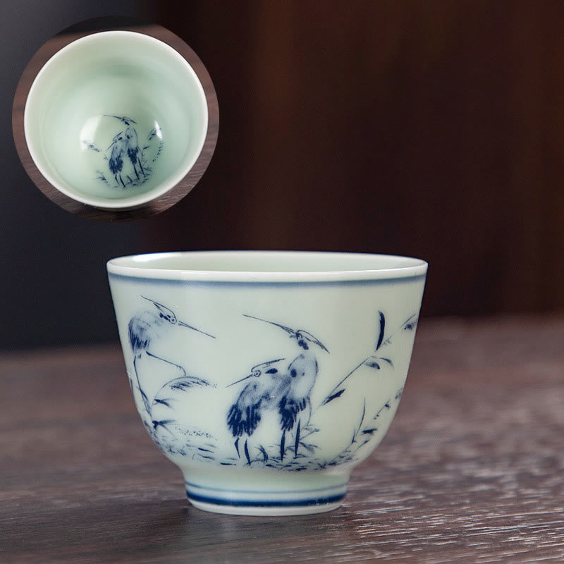 Buddha Stones Blue Landscape Mountains Lotus Cute Cat Pavilions Magnolia Reed Egrets Ceramic Teacup Small Kung Fu Tea Cup