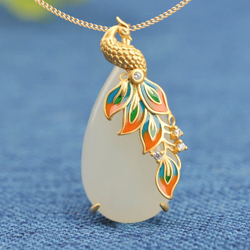 White Jade Peacock Protection Necklace Chain Pendant