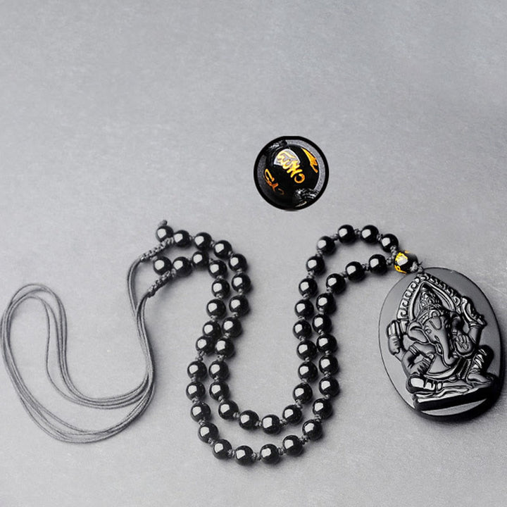 Buddha Stones Tibetan Obsidian Ganesh Ganpati Elephant Wealth Amulet Necklace