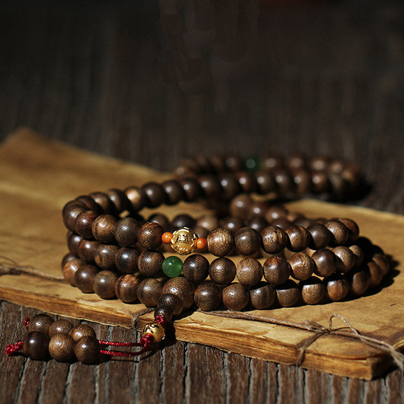 Buddha Stones 999 Gold 108 Mala Beads Kalimantan Agarwood Cyan Jade Six True Words Strength Bracelet