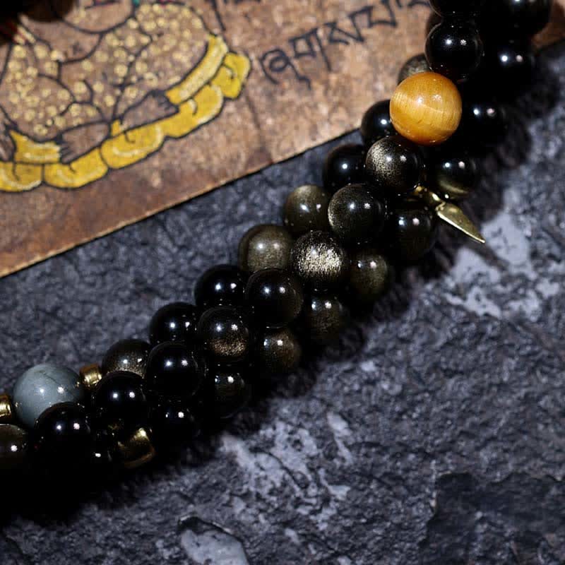 108 Mala Beads Gold Sheen Obsidian Tiger Eye Eagle's Eye Stone Wealth Bracelet