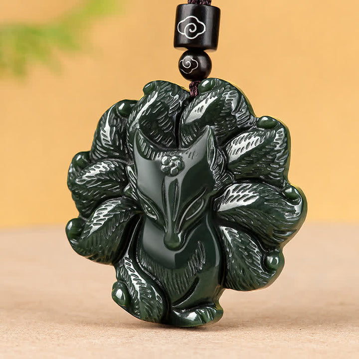 Hetian Cyan Jade Nine Tailed Fox Luck Necklace String Pendant