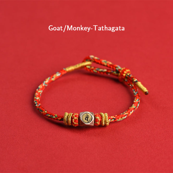 Buddha Stones 925 Sterling Silver Chinese Zodiac Natal Buddha Red Colorful Rope Luck Handcrafted Bracelet