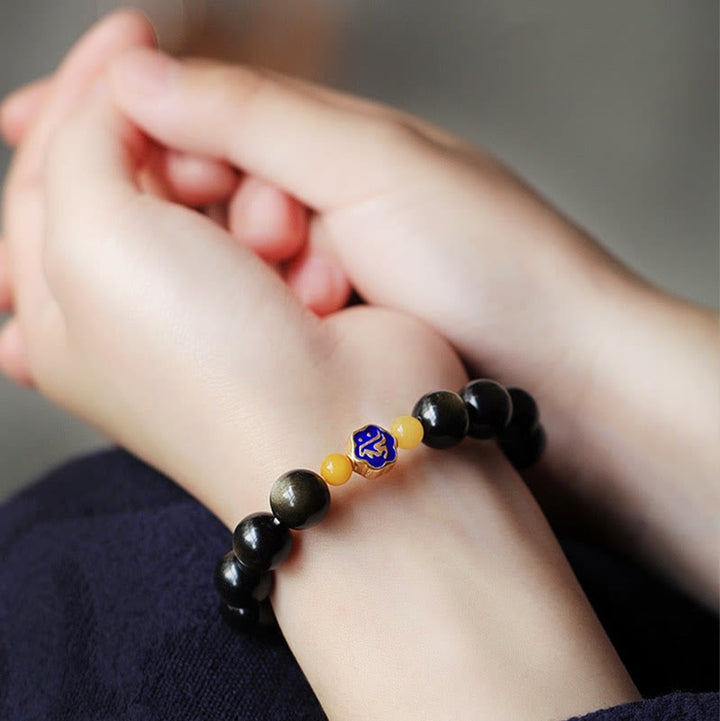 Buddha Stones 925 Sterling Silver Chinese Zodiac Natal Buddha Natural Gold Sheen Obsidian Amber Wealth Protection Bracelet