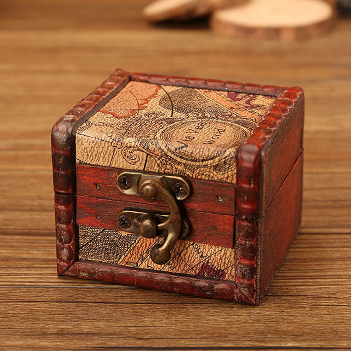 Buddha Stones Retro Small Square Wood Jewelry Box Lotus Grass Flower Grape Copper Coin Daffodil Jewelry Storage Box