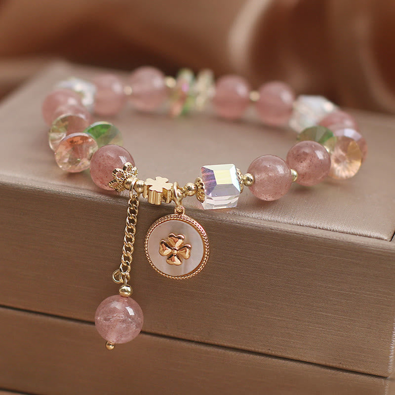 Buddha Stones Strawberry Quartz Lucky Four Leaf Clover Healing Charm Bracelet