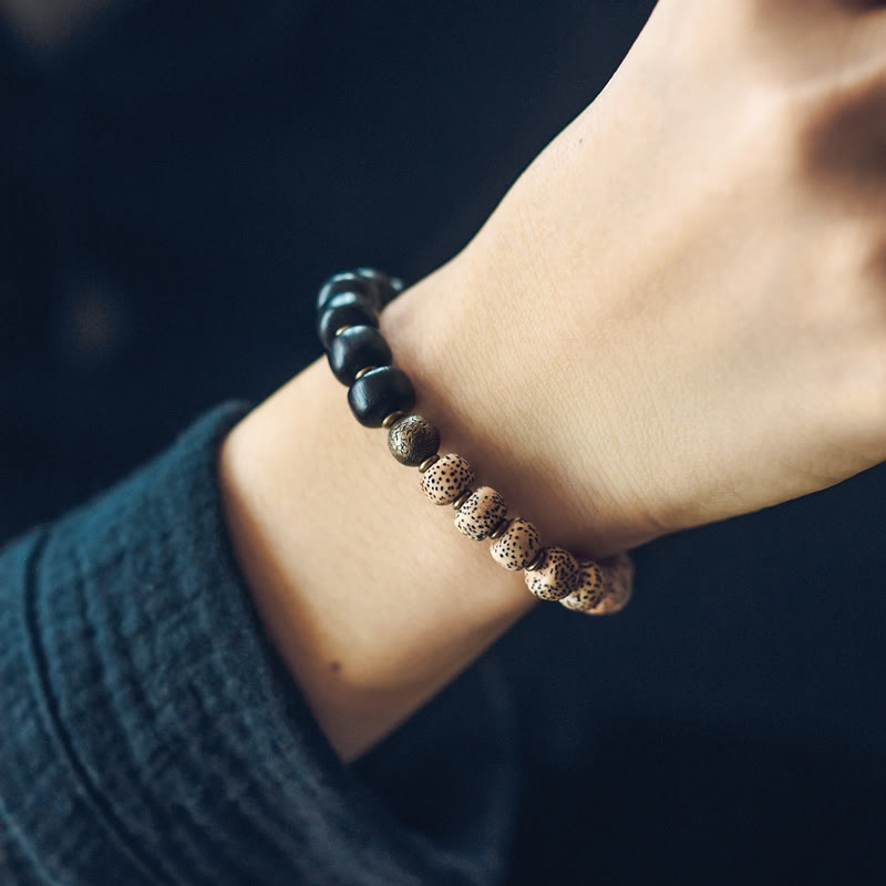 Buddha Stones Tibetan Bodhi Seed Black Obsidian Ebony Wood Copper Peace Bracelet