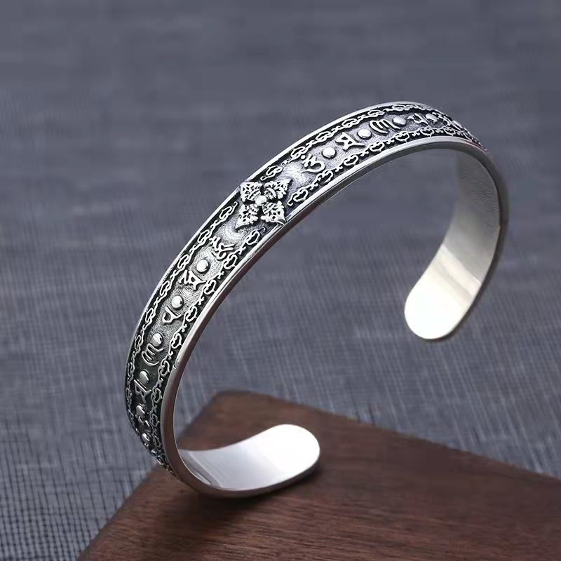 Buddha Stones 925 Sterling Silver Om Mani Padme Hum Double Dorje Engraved Wisdom Cuff Bracelet Bangle