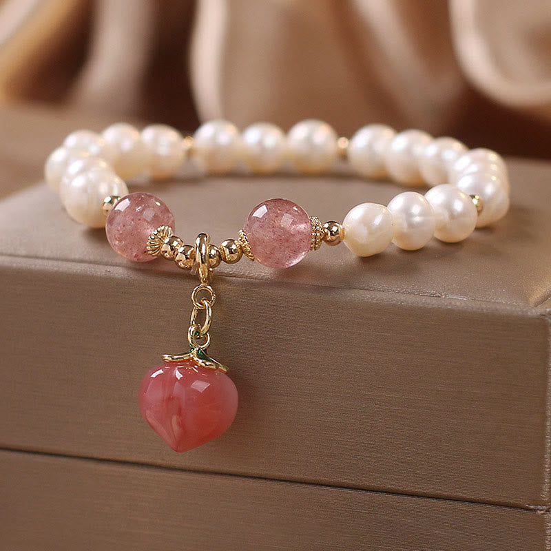 Buddha Stones Natural Pearl Strawberry Quartz Peach Love Heart Wisdom Charm Bracelet