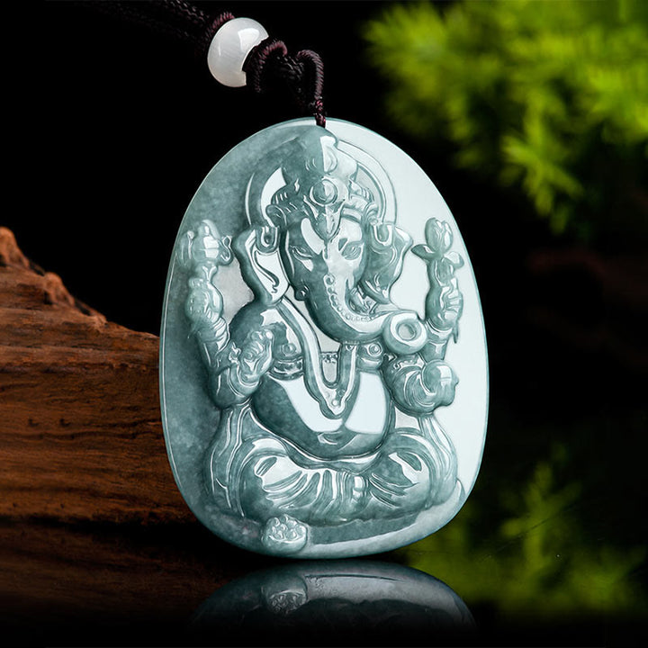 Buddha Stones Natural Jade Ganesh Ganpati Elephant Protection Amulet Necklace Pendant