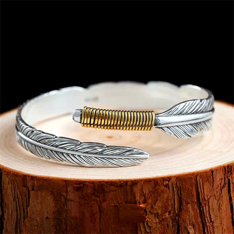 Buddha Stones Feather Pattern Engraved Luck Cuff Bracelet Bangle