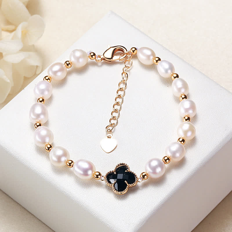 Buddha Stones Pearl Four Leaf Clover Wealth Chain Bracelet