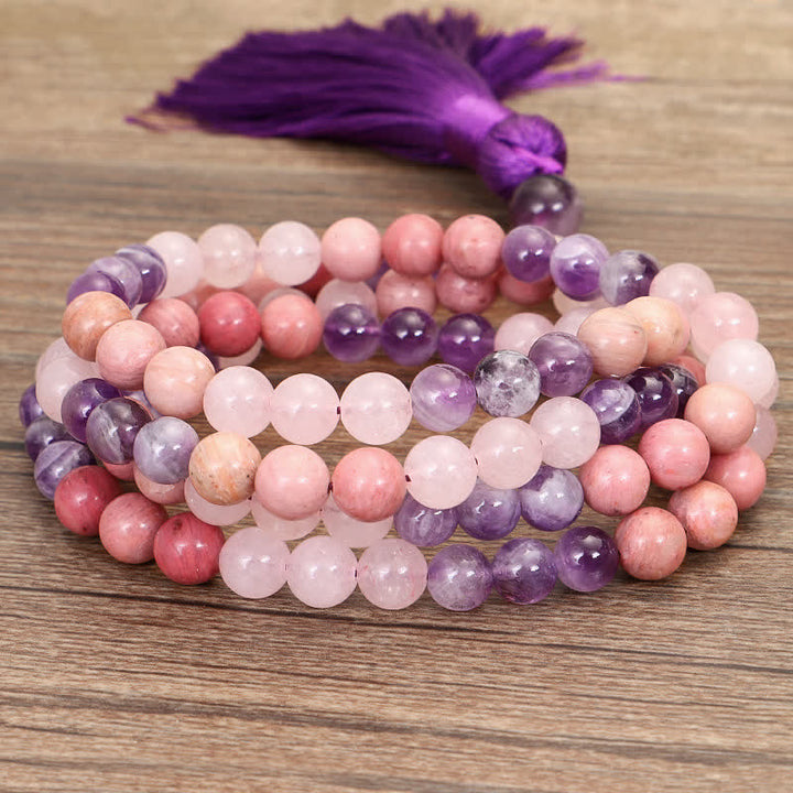 Buddha Stones 108 Mala Beads Amethyst Rose Quartz Spiritual Healing Tassel Bracelet