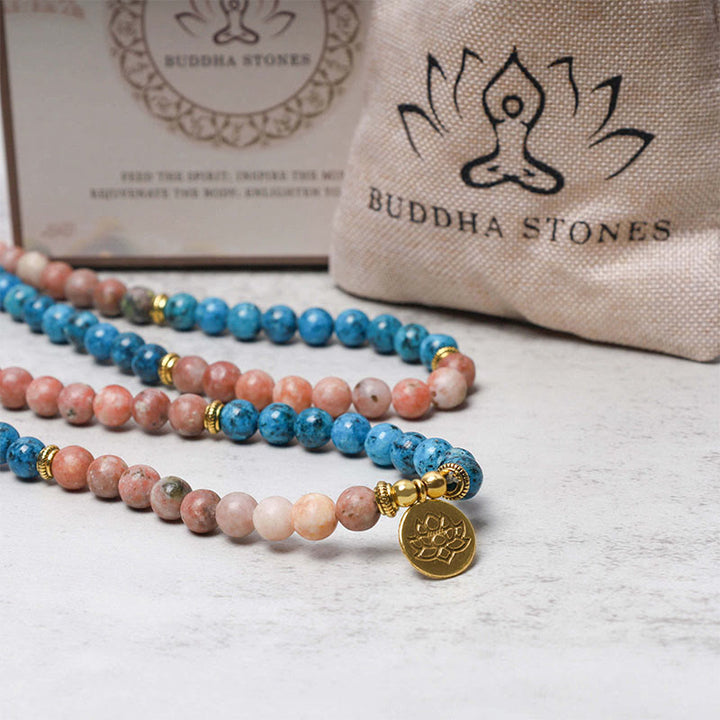 Buddha Stones 108 Mala Beads Apatite Red Stone Lotus Meditation Prayer Bead Bracelet