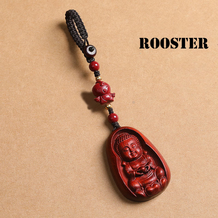 Buddha Stones Small Leaf Red Sandalwood Buddha Cinnabar Chinese Zodiac Amulet Protection Key Chain