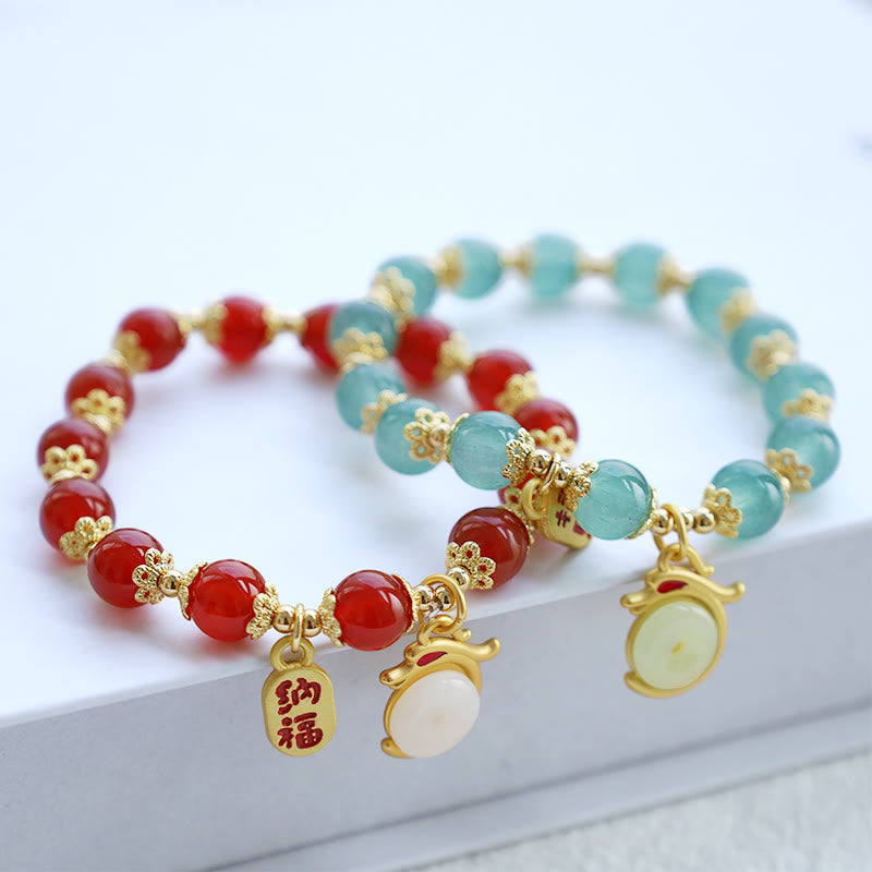 Buddha Stones Year of the Dragon Red Agate Green Aventurine Peace Buckle Fu Character Lucky Fortune Bracelet