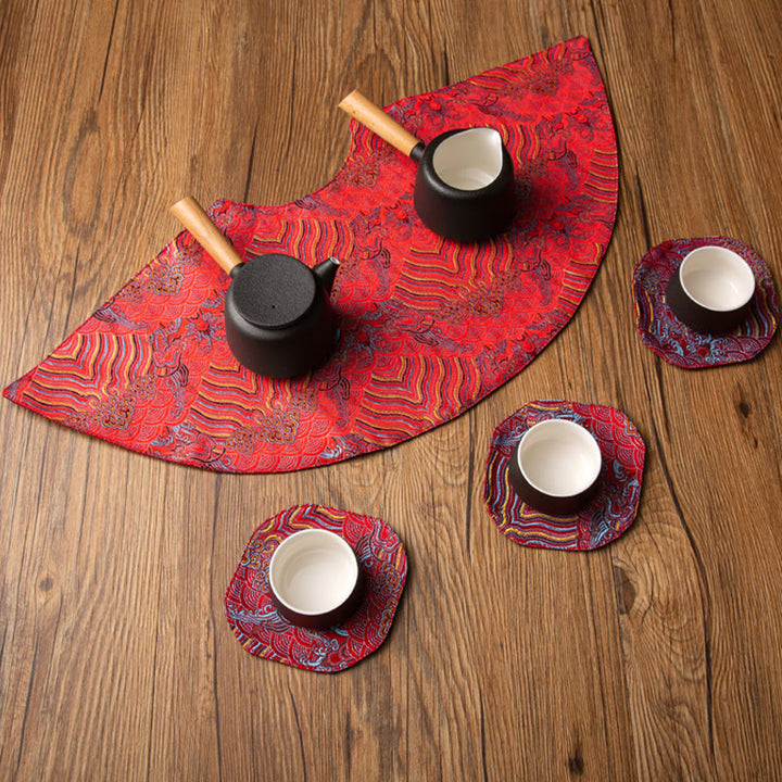 Buddha Stones Vintage Sea Wave Bamboo Plum Blossom Embroidered Cup Mat Pad Tea Cup Coaster Kung Fu Tea Mat