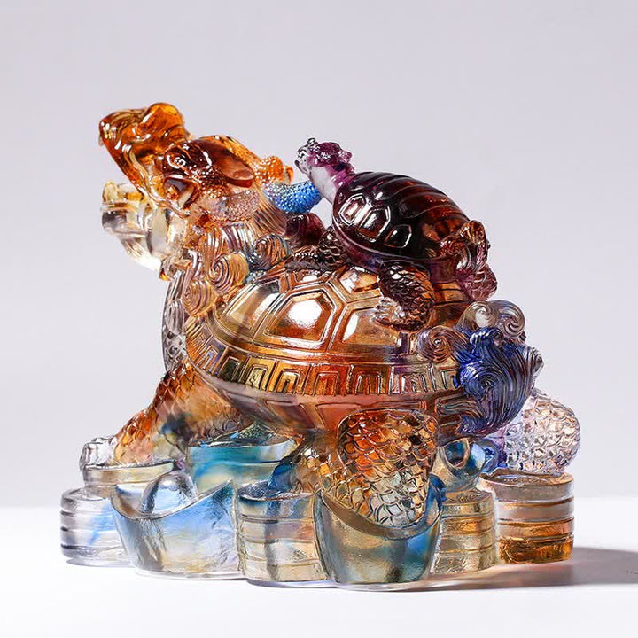 Feng Shui Dragon Turtles Handmade Liuli Crystal Art Piece Protection Home Office Decoration