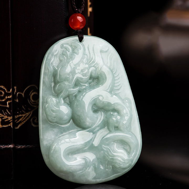 Buddha Stones Chinese Zodiac Flying Dragon Jade Protection Necklace String Pendant