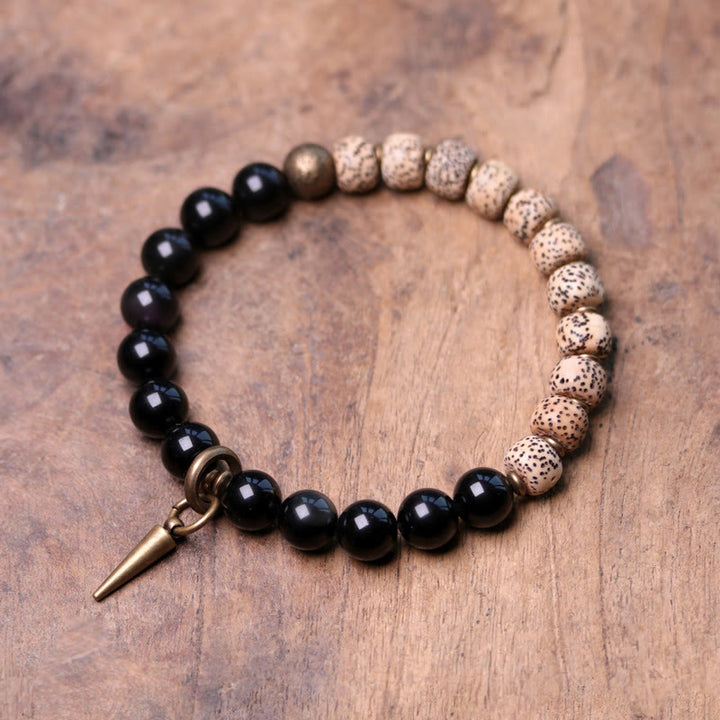 Buddha Stones Tibetan Bodhi Seed Black Obsidian Ebony Wood Copper Peace Bracelet