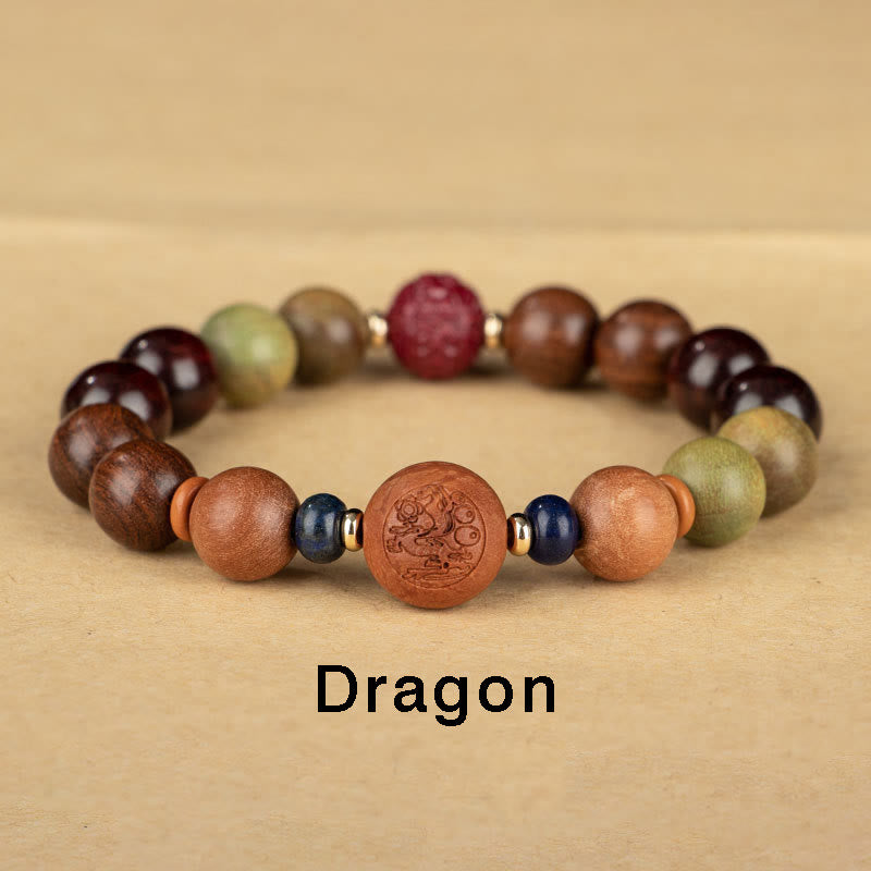 Buddha Stones Chinese Zodiac Natural Green Sandalwood Protection Bracelet