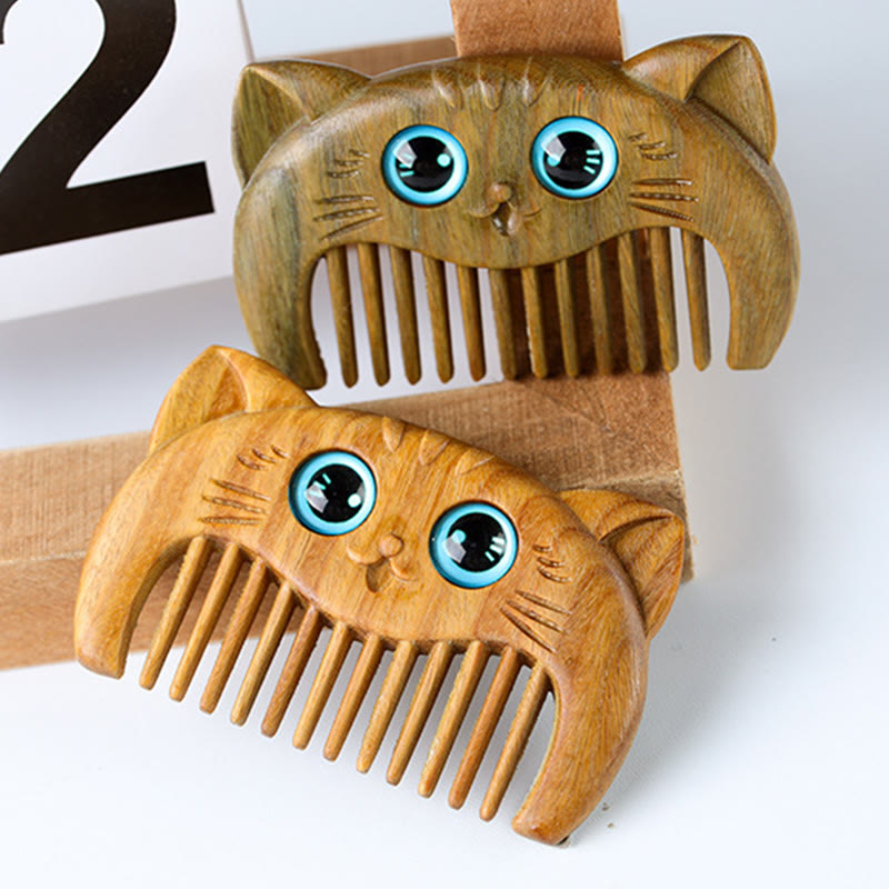 Simple Cat Pattern Green Sandalwood Cure Portable Comb