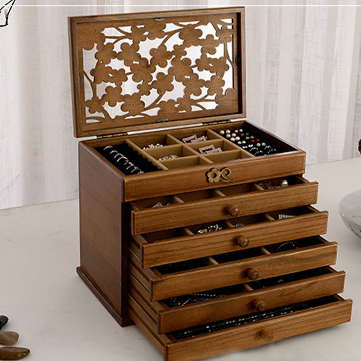 Buddha Stones Vintage Plum Blossom Carved Wooden Jewelry Box Six-Layer Jewelry Storage Box