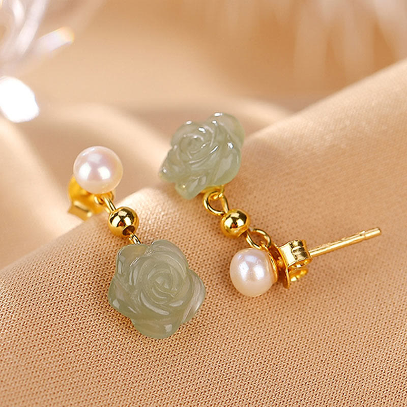 Buddha Stones 925 Sterling Silver Plated Gold Jade Rose Flower Cyan Jade Pearl Luck Earrings