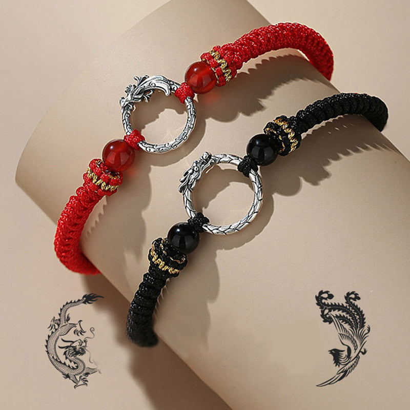 Buddha Stones Handmade 925 Sterling Silver Year of the Dragon Phoenix Peace Buckle Luck Couple Bracelet