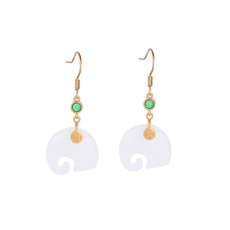 FengShui Elephant White Jade Fortune Earrings