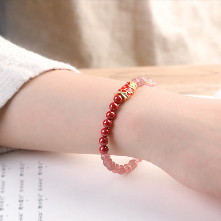 Buddha Stones Natural Strawberry Quartz Cinnabar Lucky Koi Fish Healing Bracelet