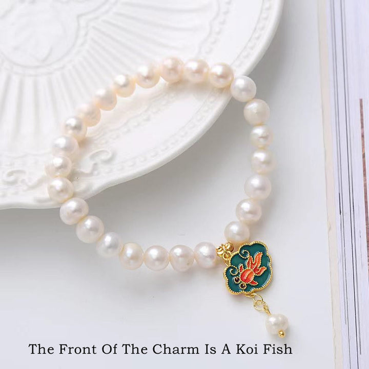 Natural Pearl Lotus Koi Fish Goldfish Optimism Charm Bracelet