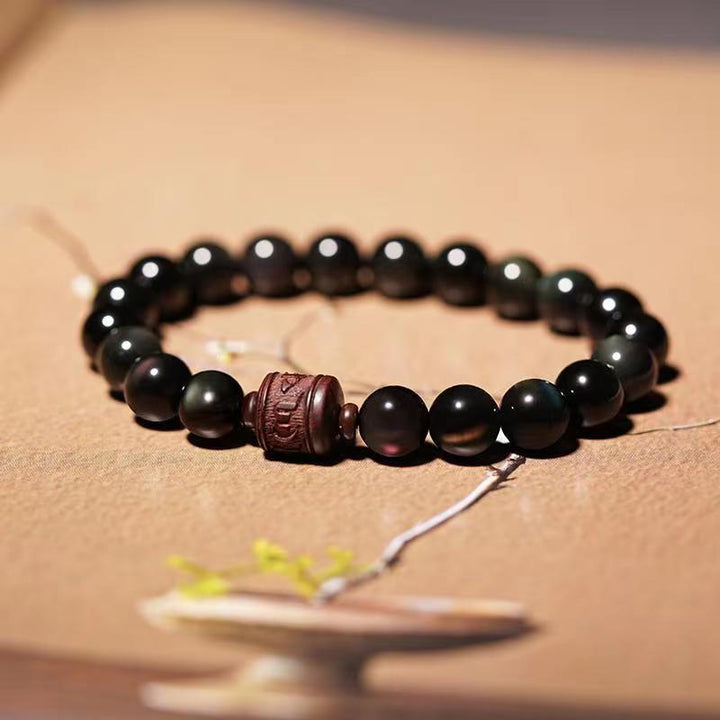 Buddha Stones Natural Gold Sheen Obsidian Rainbow Obsidian Om Mani Padme Hum Fu Character Healing Bracelet