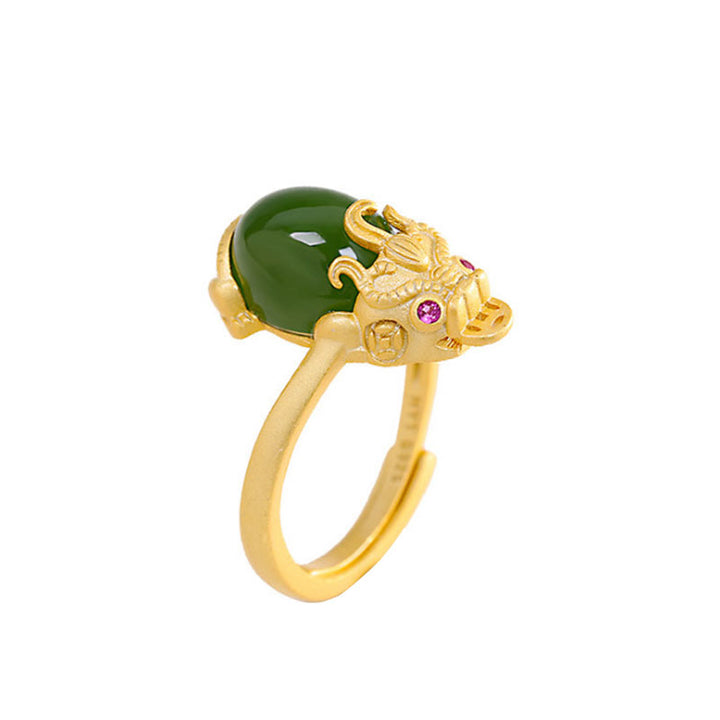 Buddha Stones 18k Gold-plated Pixiu Jade Wealth Ring