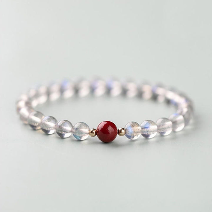 Buddha Stones Moonstone Pink Crystal Cinnabar Healing Positive Bracelet