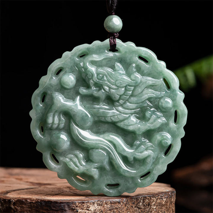 Buddha Stones Chinese Zodiac Dragon Phoenix Round Jade Luck Necklace String Pendant