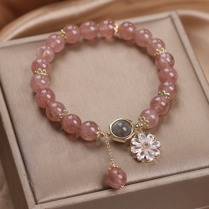 Natural Strawberry Quartz Crystal Daisy Flower Charm Positive Healing Bracelet