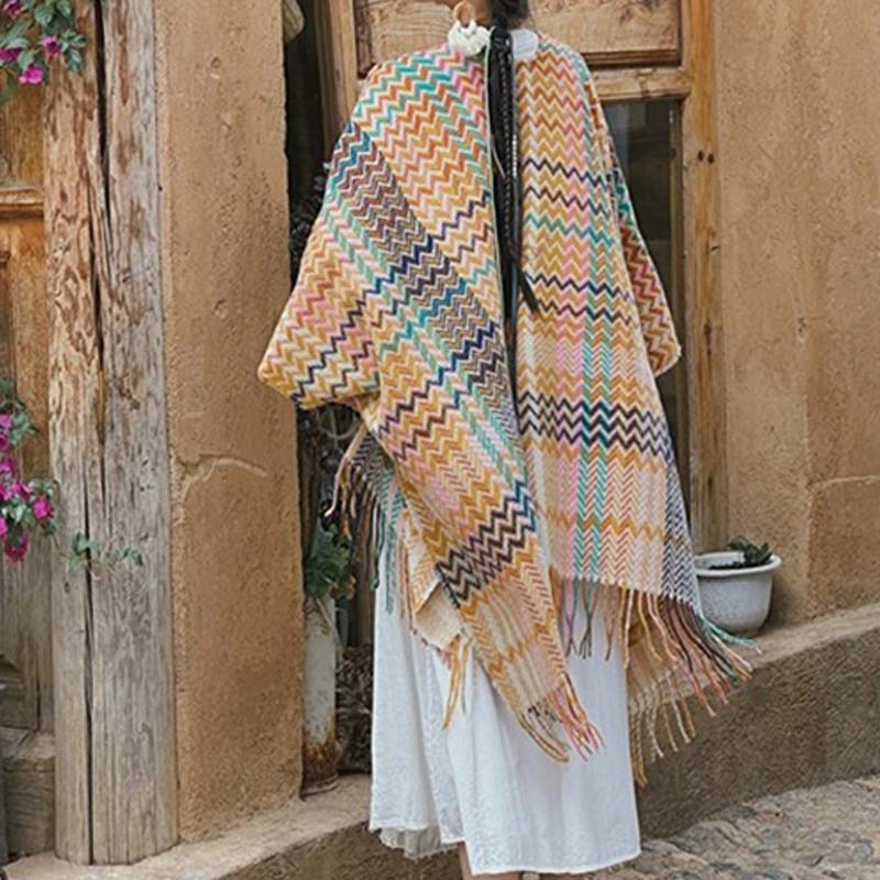 Buddha Stones Tibetan Shawl Colorful Wavy Striped Shapes Tassels Winter Cozy Travel Scarf Wrap