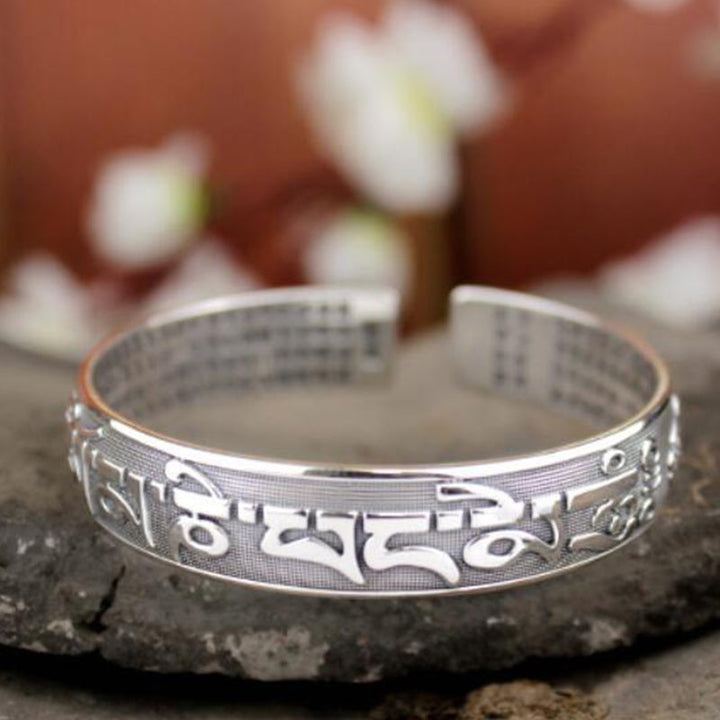 Buddha Stones Tibetan Sanskrit White Copper Meditation Prayer Bracelet Bangle