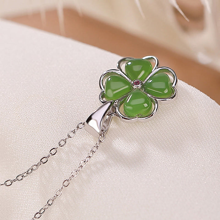 Buddha Stones 925 Sterling Silver Hetian Cyan Jade Lucky Four Leaf Clover Healing Necklace Pendant