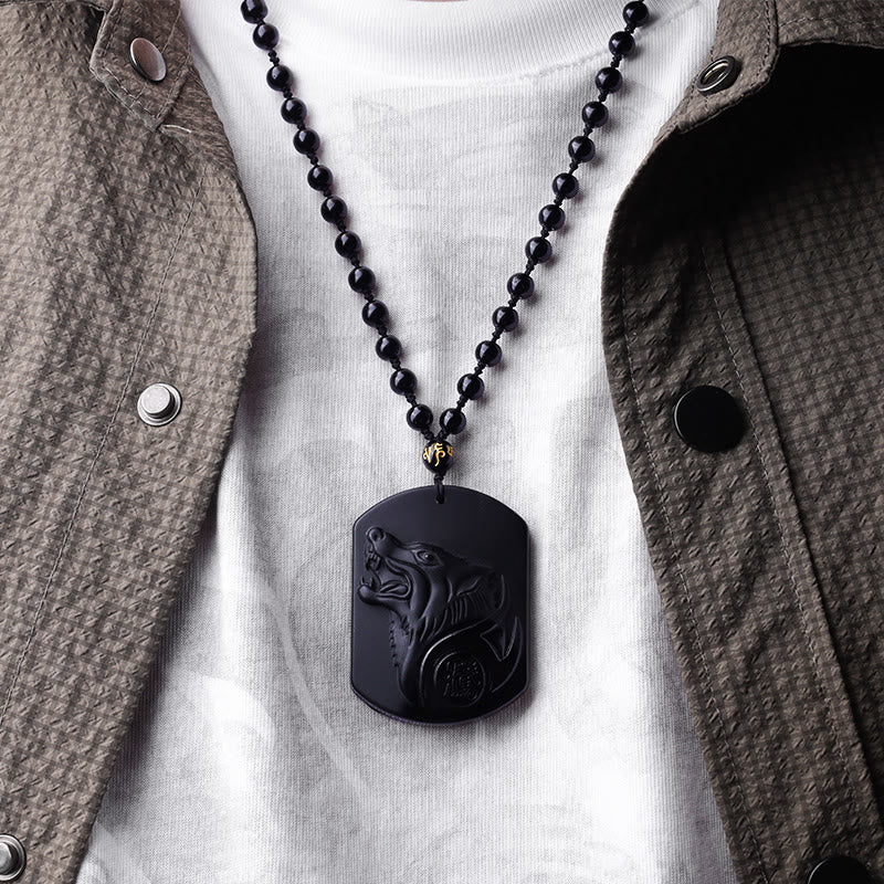 Buddha Stones Black Obsidian Stone Wolf Purification Pendant Necklace